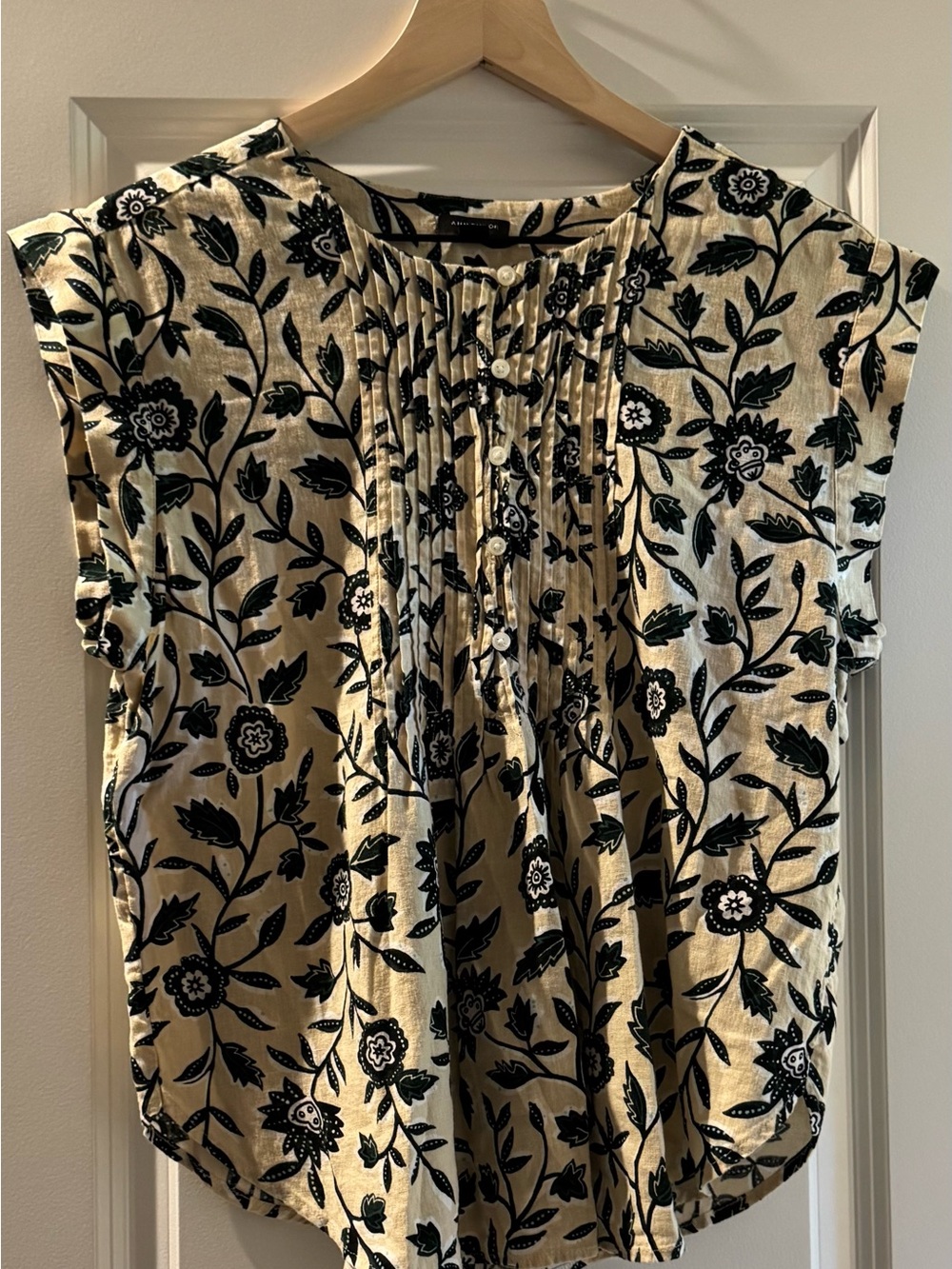 Ann Taylor Black Floral Pintuck Cap-Sleeve Blouse on Cream